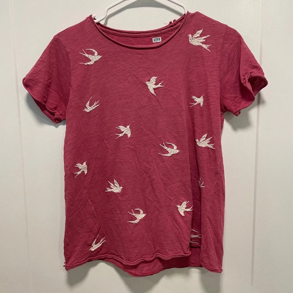 Lucky Brand Womens Pink Slub Knit Embroidered Bird Short Sleeve T-Shirt Small